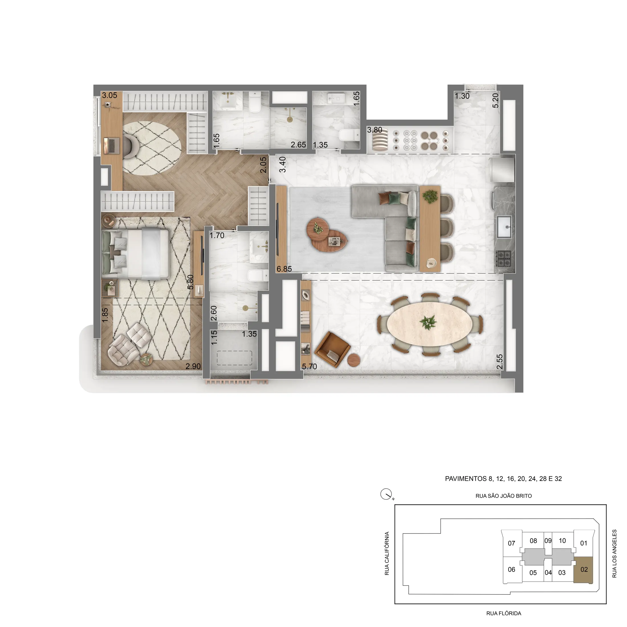 Planta 96 a 99 m² · 1 a 3 dorms — 2