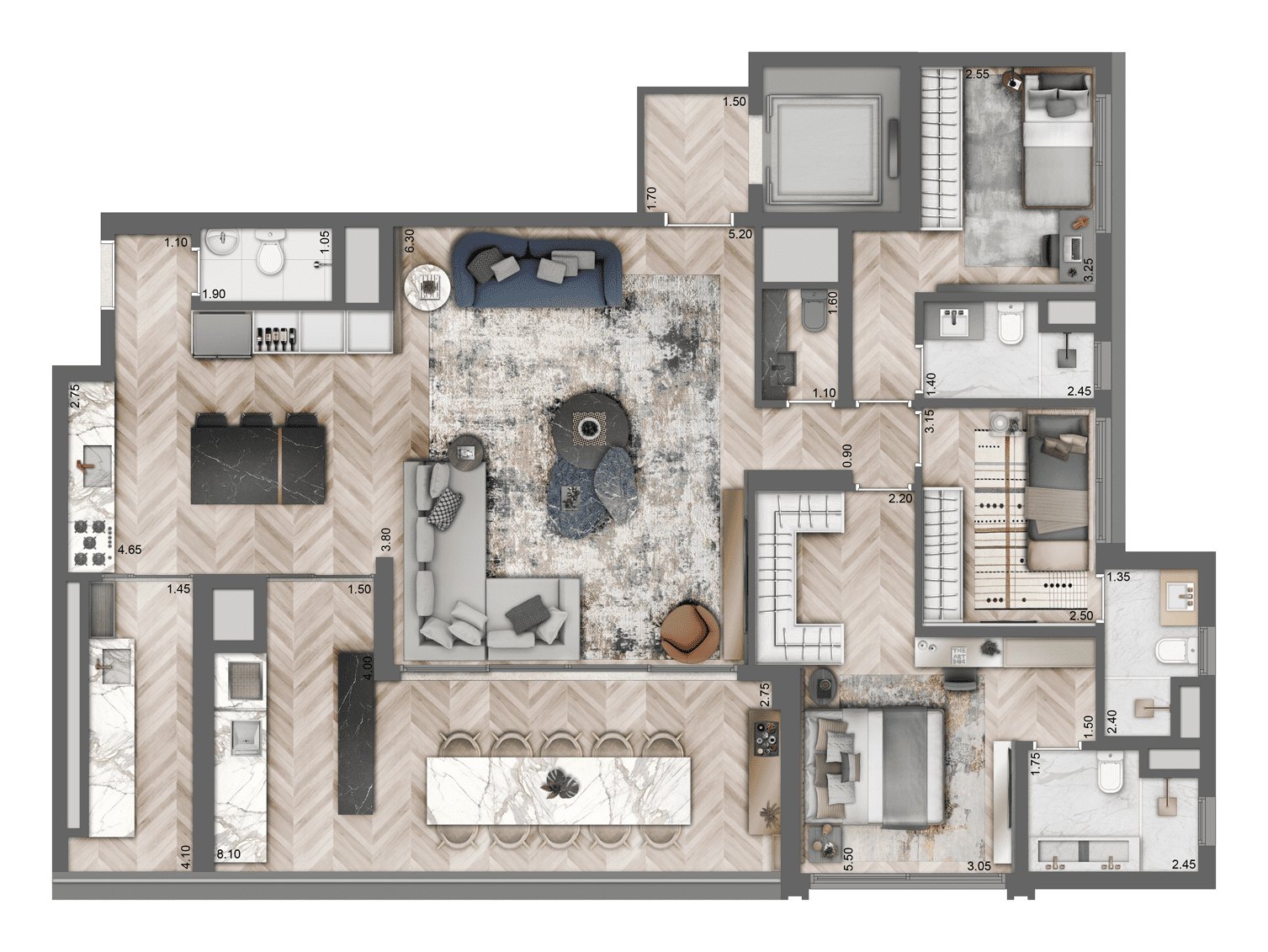 Planta 158,5 m² · 3 dorms (2 suítes) · 2 vagas — 2
