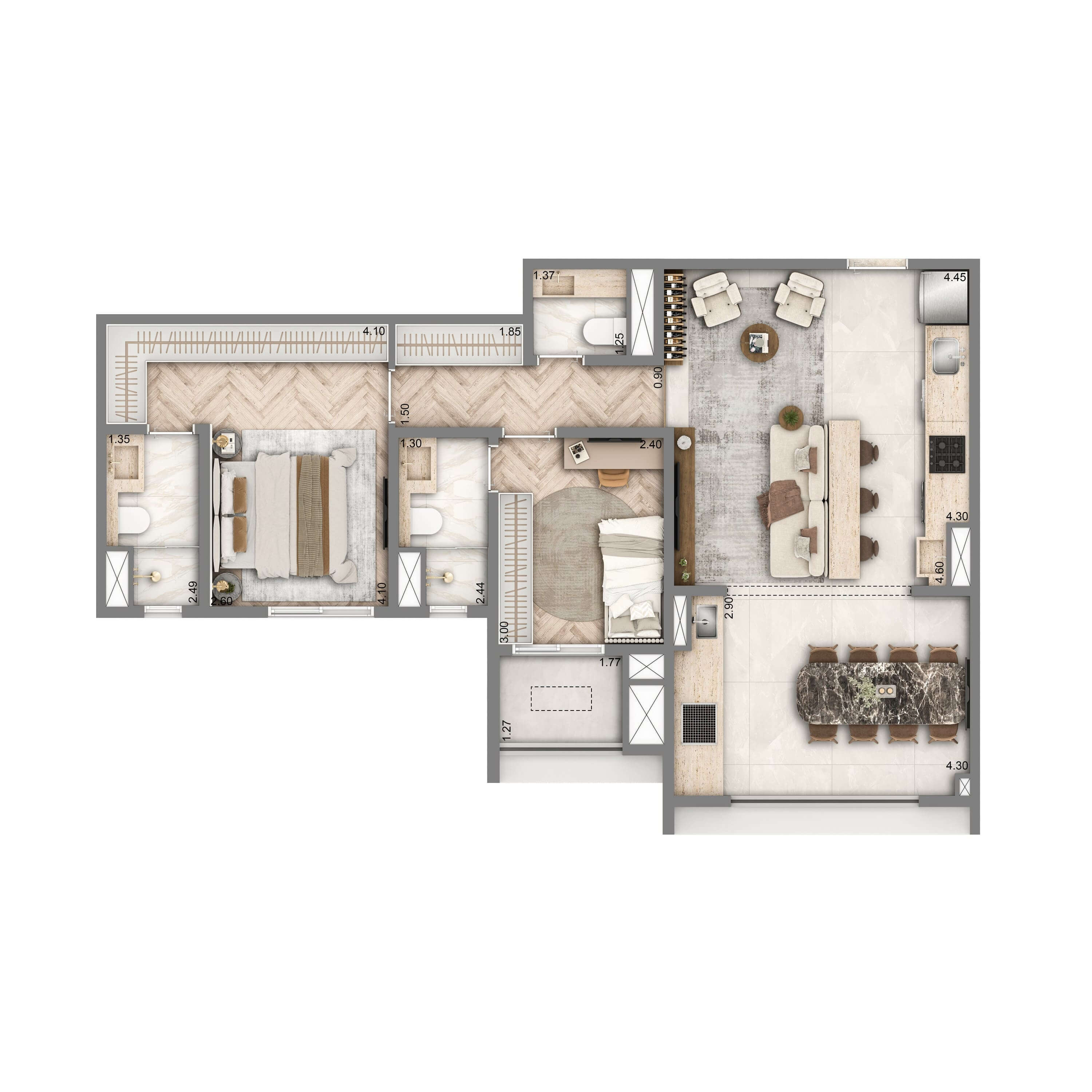 Planta 76 m² · 2 suítes — 2